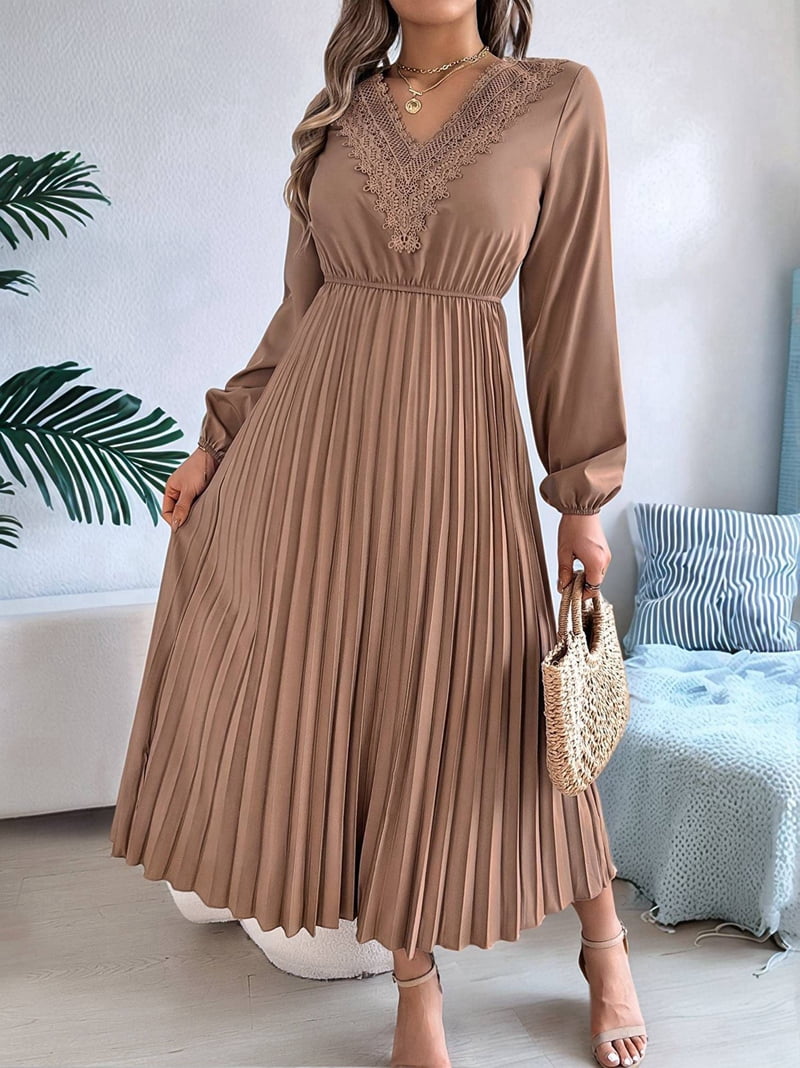 Women Fall Long Sleeve Dress Casual V Neck Pleated A Line Khaki S