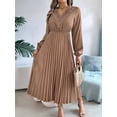 thumbnail image 2 of Women Fall Long Sleeve Dress Casual V Neck Pleated A Line Khaki S, 2 of 5