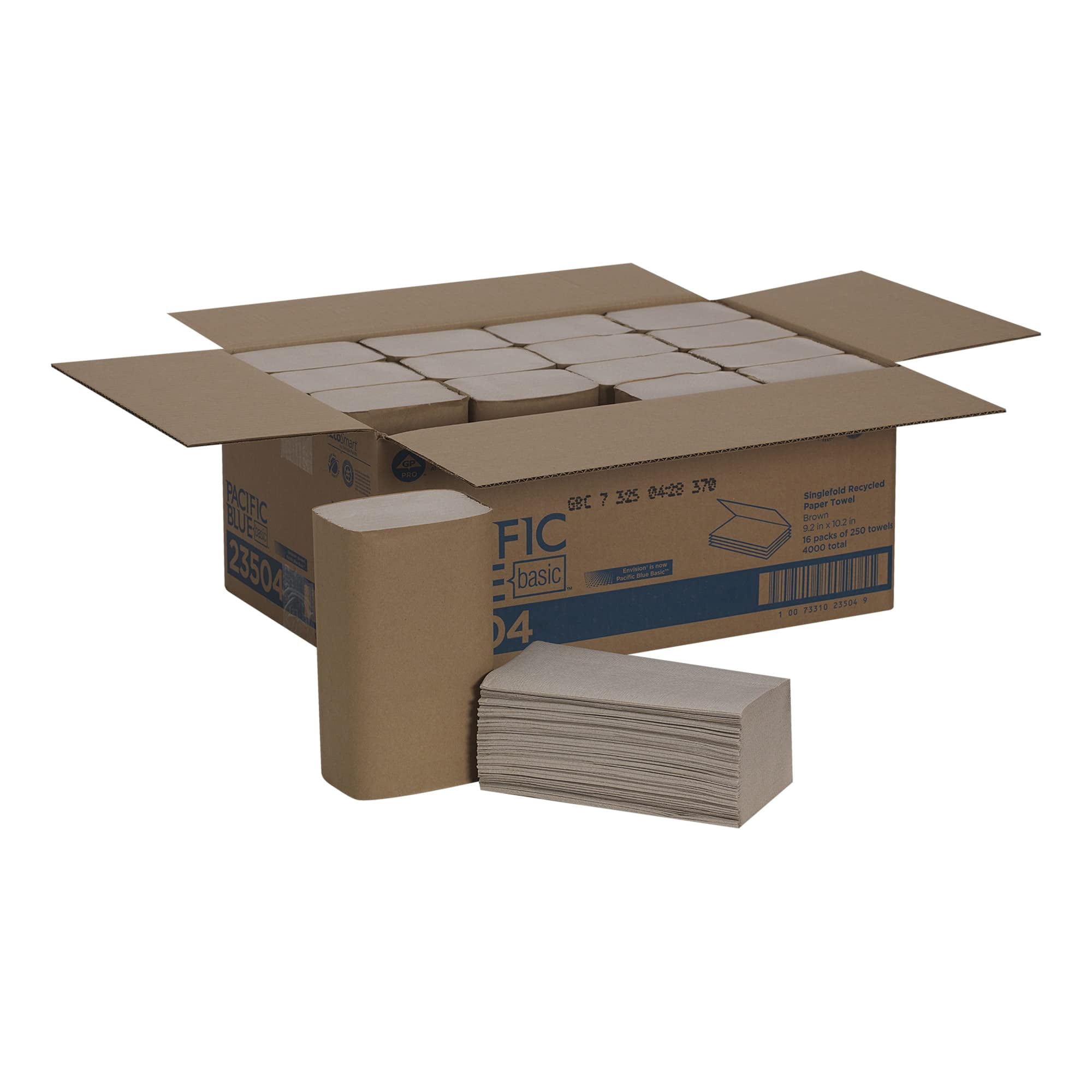 Pacific Blue Basic™ By GP PRO™ Single-Fold Hand Towels, 9-1/4" x 10-1/4", 100% Recycled, Brown, Case Of 4,000 Sheets