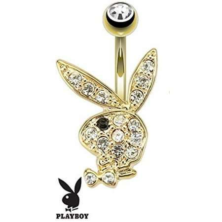 - Multi Paved Gems on Playboy Bunny 14kt Gold Plated Navel Ring Belly Button Ring