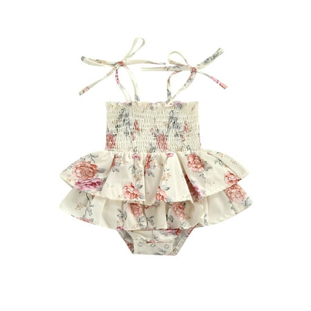 

Suanret Infants Baby Girl Summer Ruched Rompers Floral Print Tie-Up Spaghetti Strap Layered Dress with Snap Buttons Pink 3-6 Months