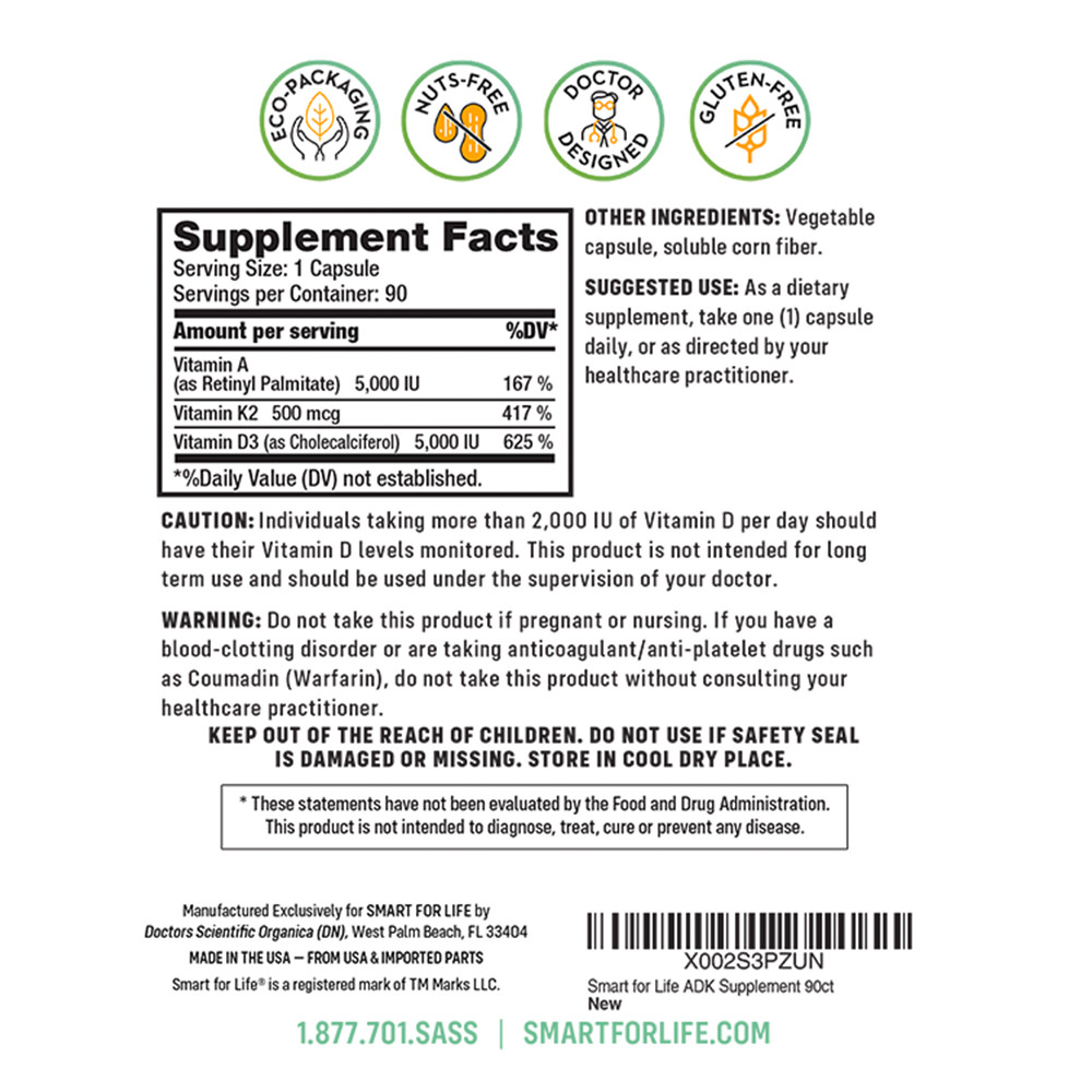 Smart for Life A.D.K - ADK Vitamins 90 Capsules |A 5,000 IU | D3 5,000 IU |K2 (as MK-7) 500mcg | Support Bone Structure |Physician Formulated