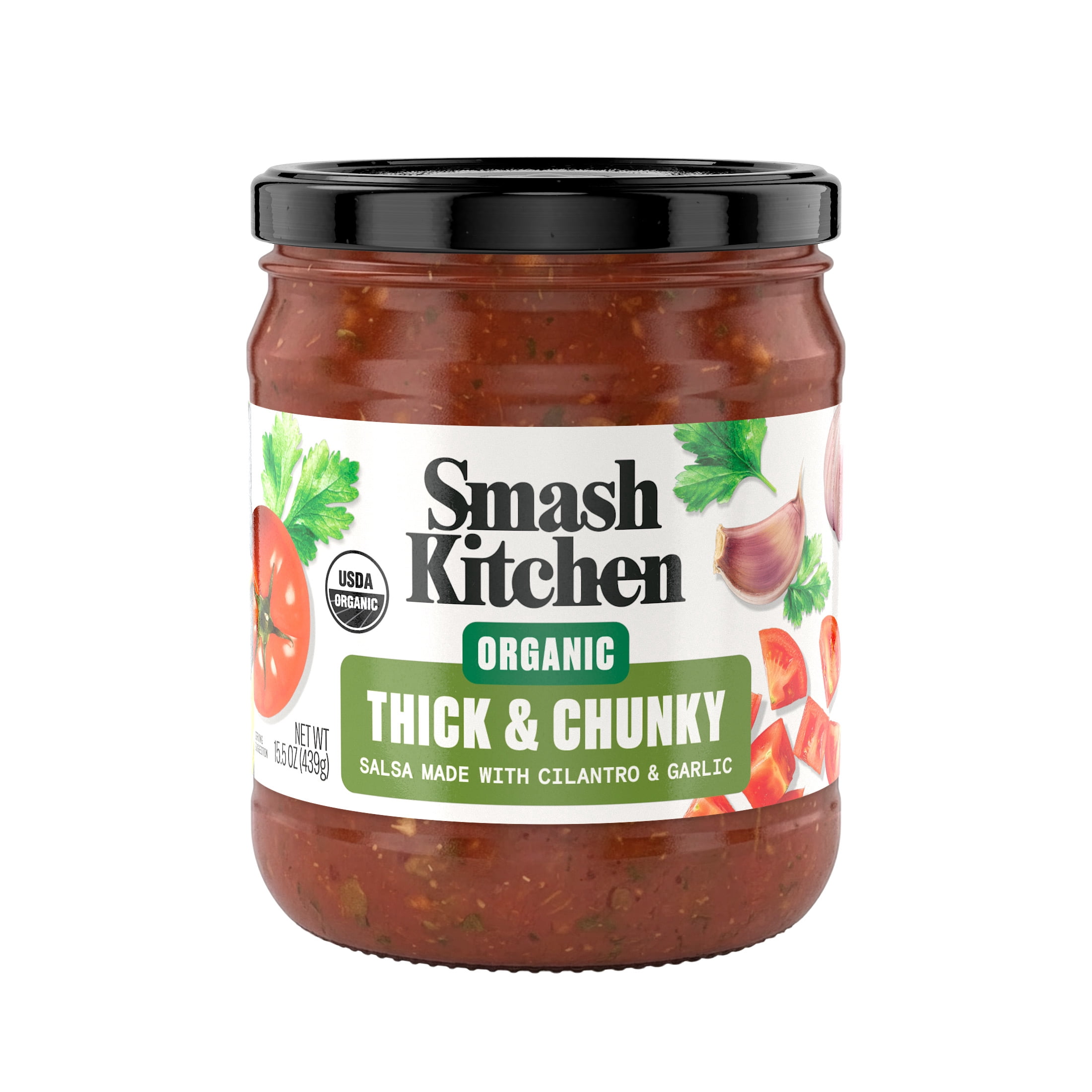 (2 pack) Smash Kitchen Organic Thick and Chunky Mild Cilantro Garlic Salsa Dip, 15.5oz