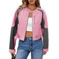 thumbnail image 2 of Womens Faux Leather Bomber Jackets Cropped Zip Up Color Block Fall Casual Moto Biker Coats, 2 of 6