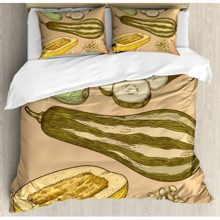 Vegetable Art Queen Size Duvet Cover Set, Retro Recipe Squash Zucchini Slices Best Chef Cuisine of the Day Illustration, Decorative 3 Piece Bedding Set with 2 Pillow Shams, Multicolor, by