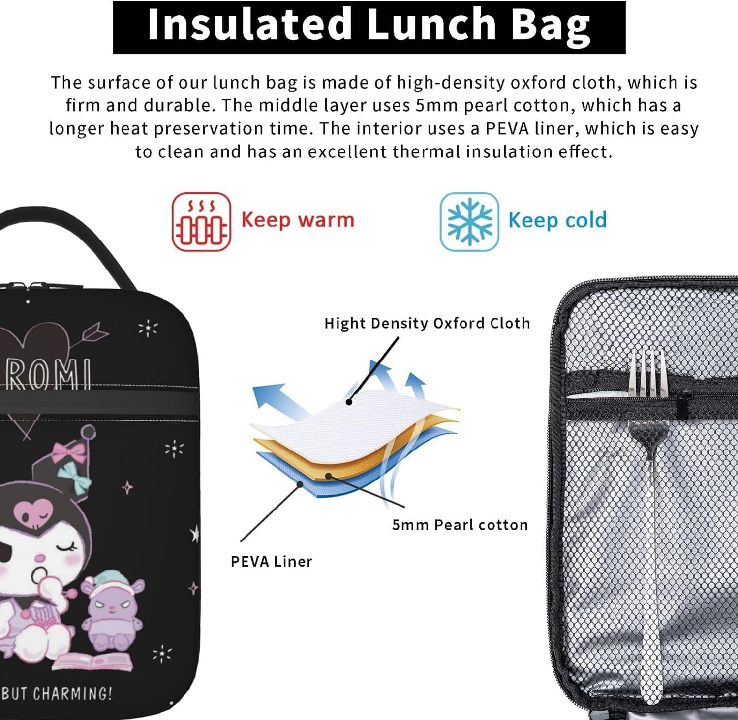 Kuromi Reusable Cute Cartoon Black Cat Lunch Bag Insulated Office Outdoor Portable Lunch Box (Heiku-17)