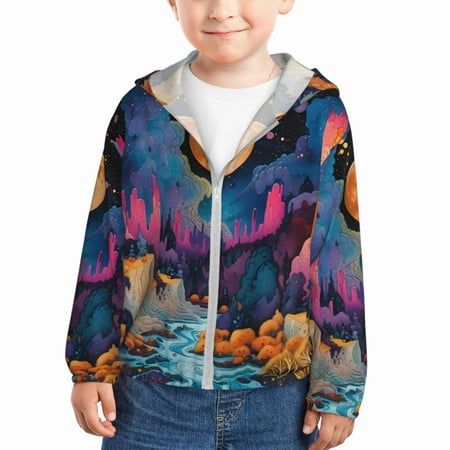 

Gaeub Fantasy Cosmic Landscape Print Athletic Sun Protection Hoodie for Kids Long Sleeve Outdoor UV Shirt Running Fishing Top for Boys Girls-4 Years