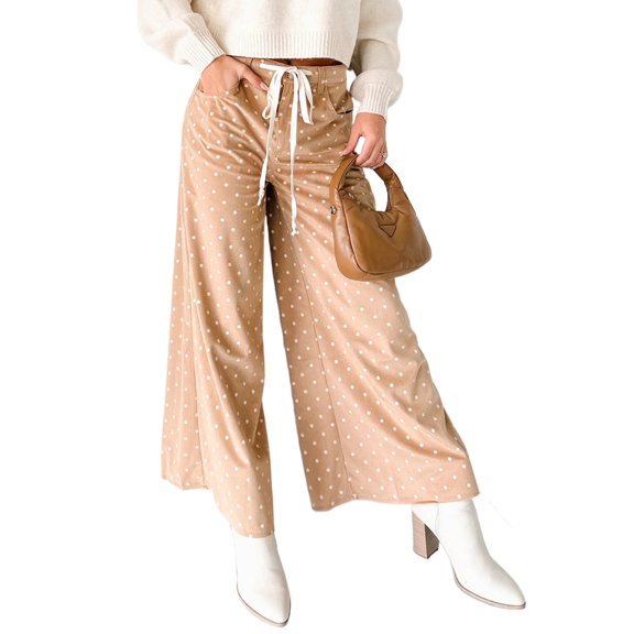 Women's Khaki Polka Dot Wide Leg Pants – Casual Drawstring Trousers for Daily Wear, XL