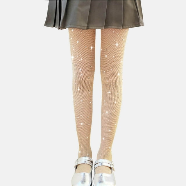 hengsof Teen Girls Rhinestone Mesh Tights for 5-15 Years Solid Color Sparkle Fishnet Sheer Leggings Fashion Party Wear Hosiery Dance Pants