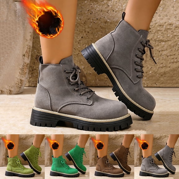 Womens Combat Boots Faux Suede Lace Up Chunky Platform Lightweight Non Slip Work Hiking Booties