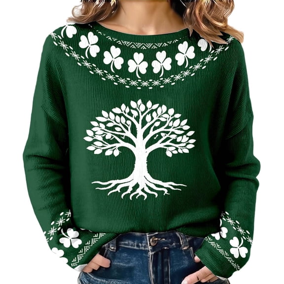 Women's Oversized Sweaters 2026 St. Patrick's Day Shamrock Graphic Knit Sweatshirts Long Sleeve Round Neck Y2k Spring Tops
