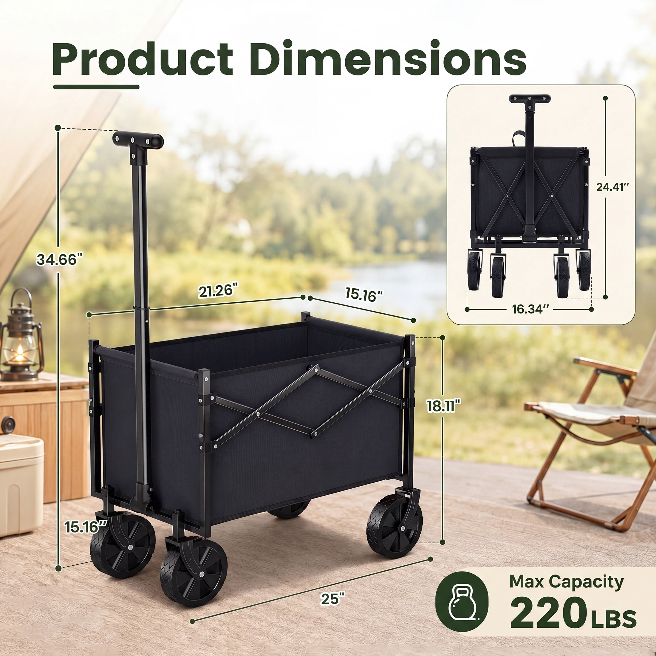 SHOUFTW Folding Wagon Cart, 220 lb Capacity Collapsible Utility Wagon with All-Terrain Wheels & Adjustable Handle, Black