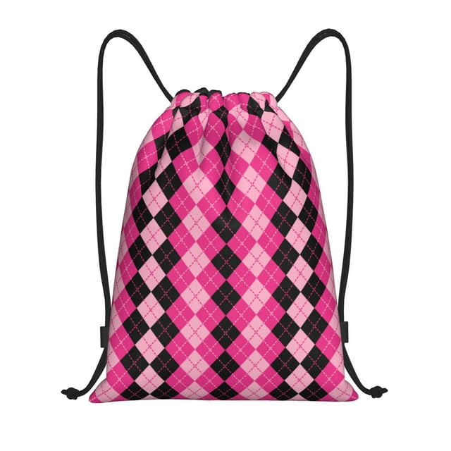 Sikiie pink and black argyle Print Drawstring Backpack Drawstring Bags, Draw String Back Bag for Sports, Gym, Travel, Swimming, Beach-Medium