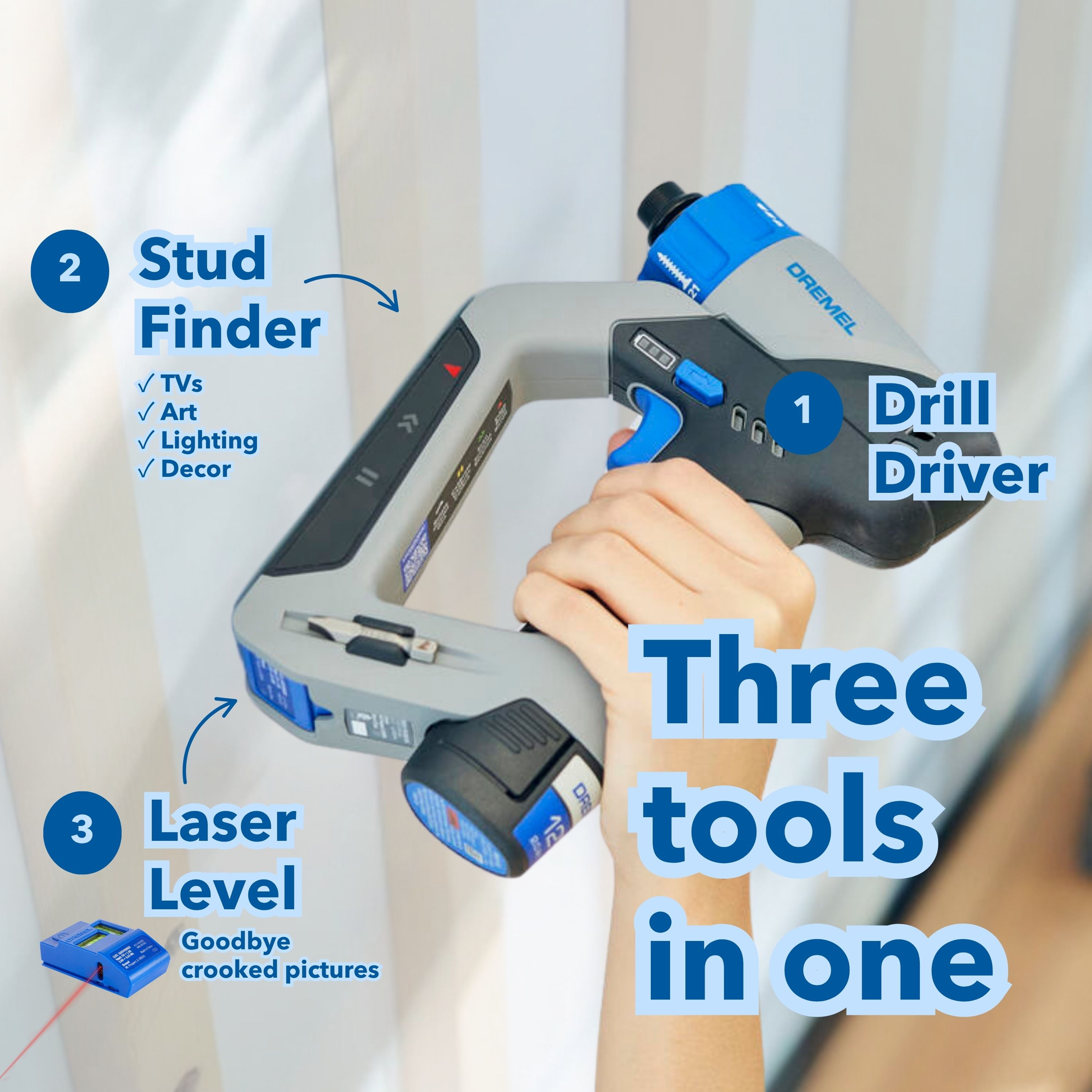 Dremel Blueprint 3 in 1 Drill/Driver with Integrated Stud Finder, Detachable Bubble Laser Level & 12 Bits