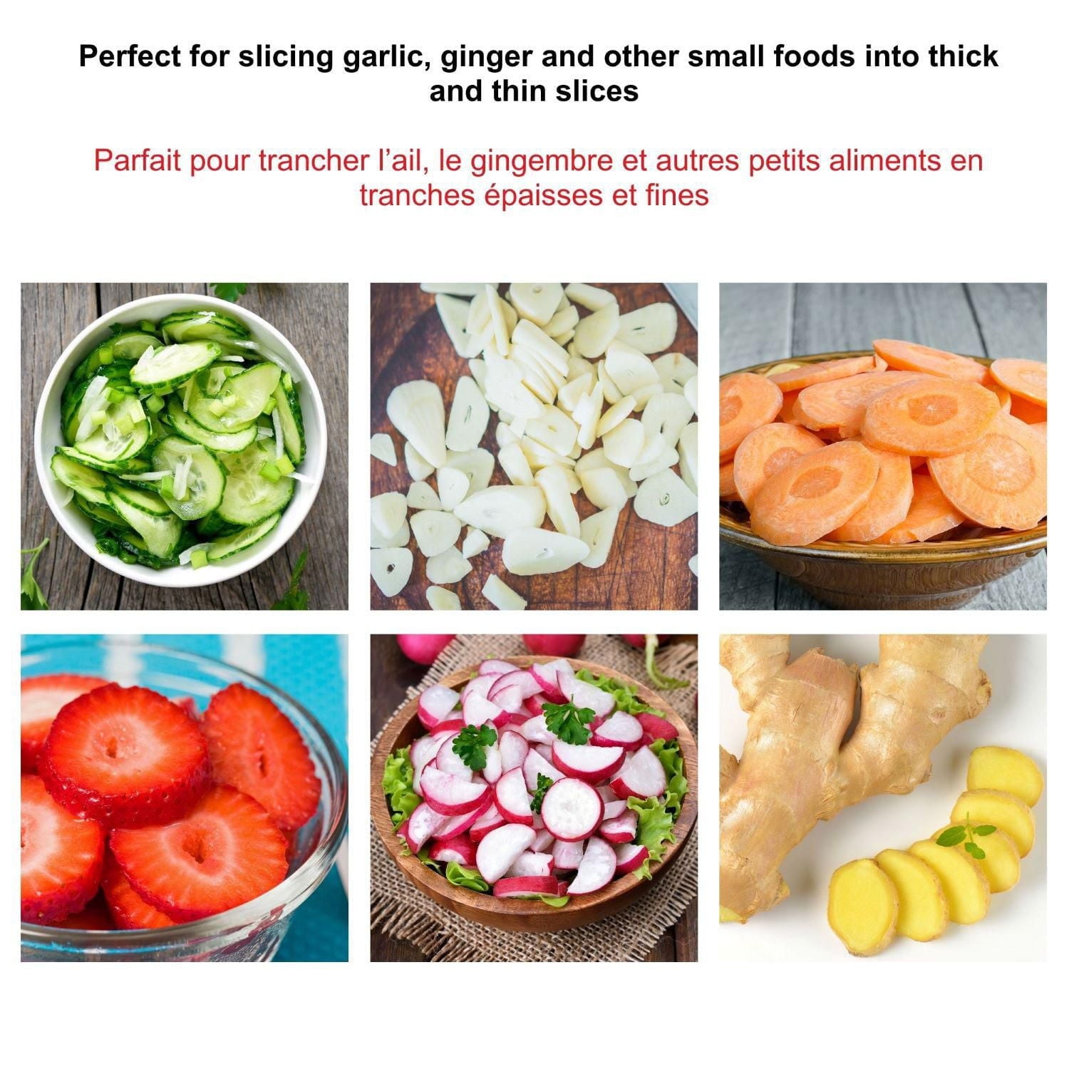 Starfrit Precision Slicer - Compact Mandoline - Perfect for Garlic & Ginger - 2 Thicknesses - Self Feeding Pusher - Food Container