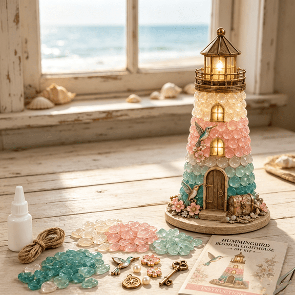 DIY Lighted Sea Glass-Style Lighthouse Kit, with Pieces, 3D Handmade Craft Kit, Holiday Home Decor, Beginner-Friendly