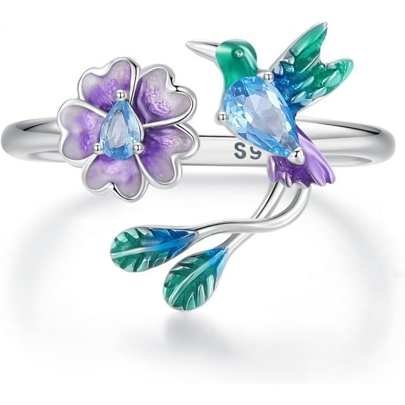 Delicate CZ Bird Flower 925 Sterling Silver Ring for Women Birthday Wedding Spring Statement Hummingbird Daisy Open Wrap Finger Rings Comfort Fit Adjustable Cute Jewelry Gift