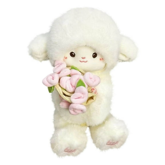 Virelaxpo Plush Lamb Doll Pillow with Rose Bouquet Hat, Soft and Cozy Stuffed Animal for Home Decoration, Comfort Companion and Gift Giving