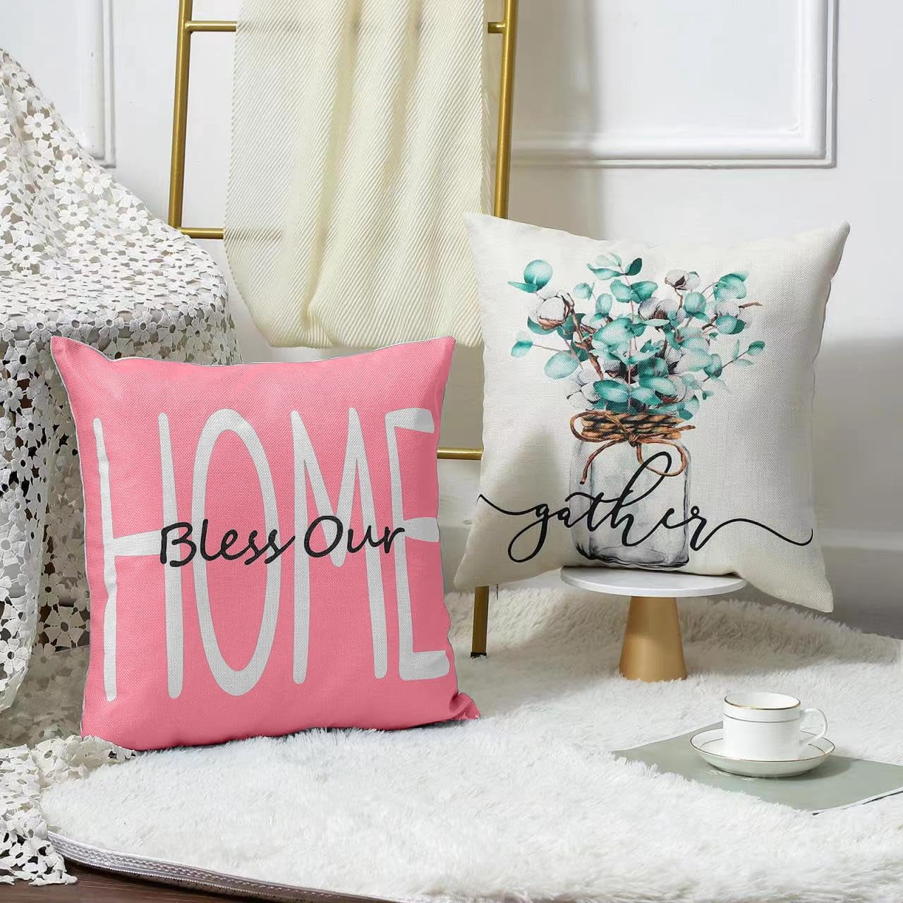 PANDICORN Spring Pillow Covers Set Of 4 - Farmhouse Floral Mason Jar Design, 16x16 Inch, Decorative Throw Covers
