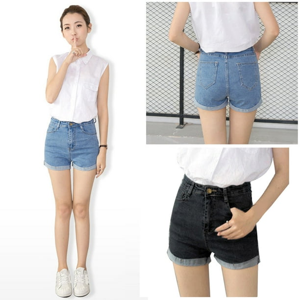 Short en Jean Taille Haute Femme Pantalon Fleur Shorts en Denim  décontractés à la Mode