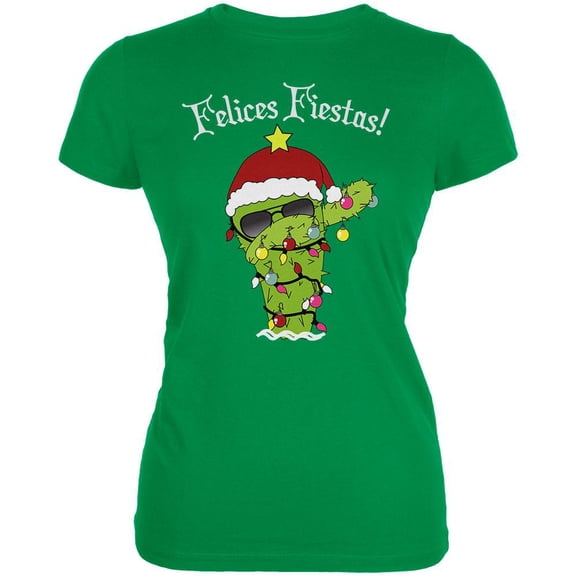 Christmas Dabbing Cactus Felices Fiestas Happy Holidays Juniors Soft T Shirt Irish Green MD