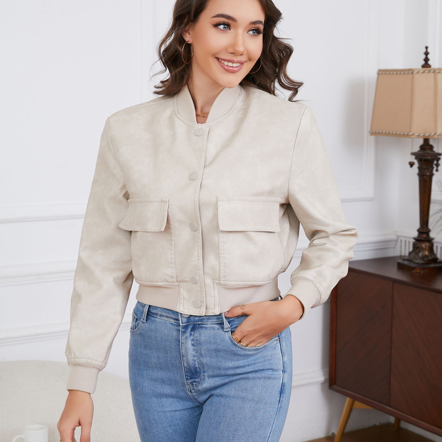 Defitshape Women's Cropped Bomber Jacket Button Down Shackets Faux Leather Biker Coat Long Sleeve Fashion Crop Top Date Night Moto Jacket Short Varsity Jackets With Pockets Beige 6