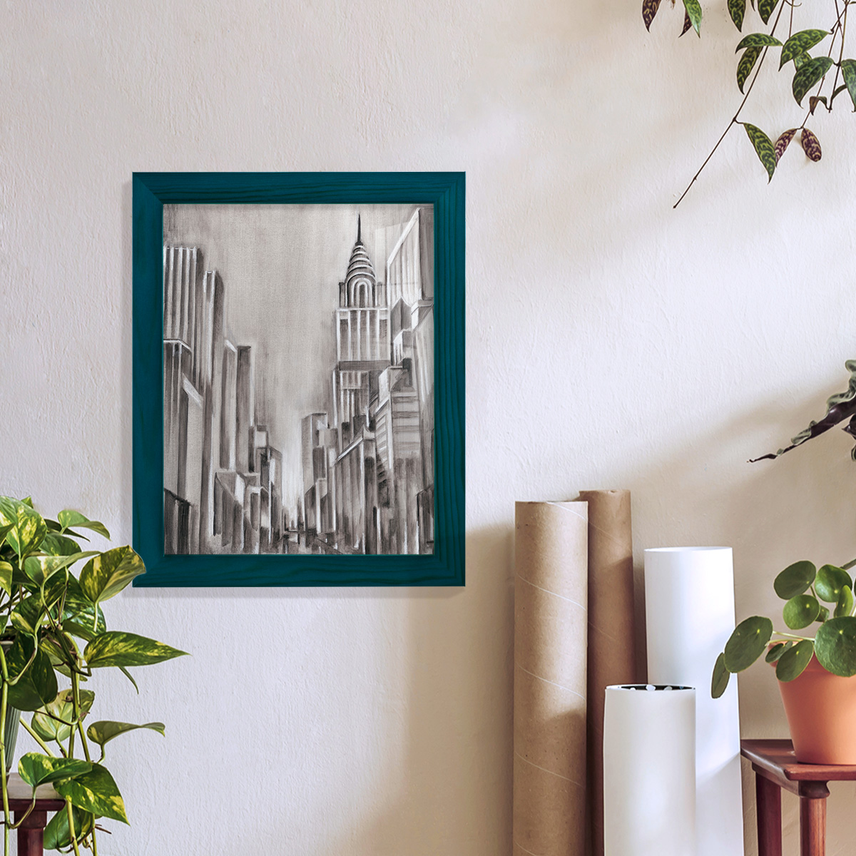 Art Deco Cityscape I -Framed Print w/glass-Ocean Blue