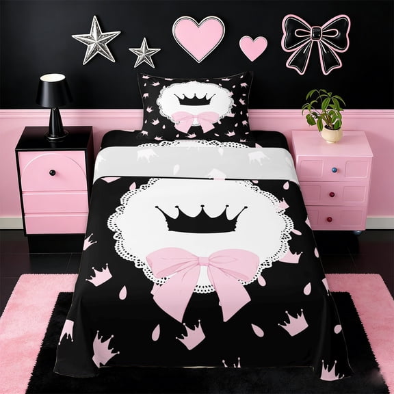 Erosebridal Cartoon Princess Crown Kids Twin Sheet Sets,Pink Cute Coquette Bowknot Bedding For Girls 3 Pieces