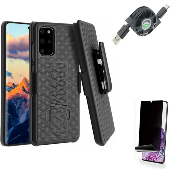 Case Belt Clip w Privacy Screen Protector w USB Cable for Samsung Galaxy S20 Plus - Holster Swivel Cover, TPU Film [NOT GLASS] [Fingerprint Works], Retractable Type-C Charger fits Galaxy S20 Plus