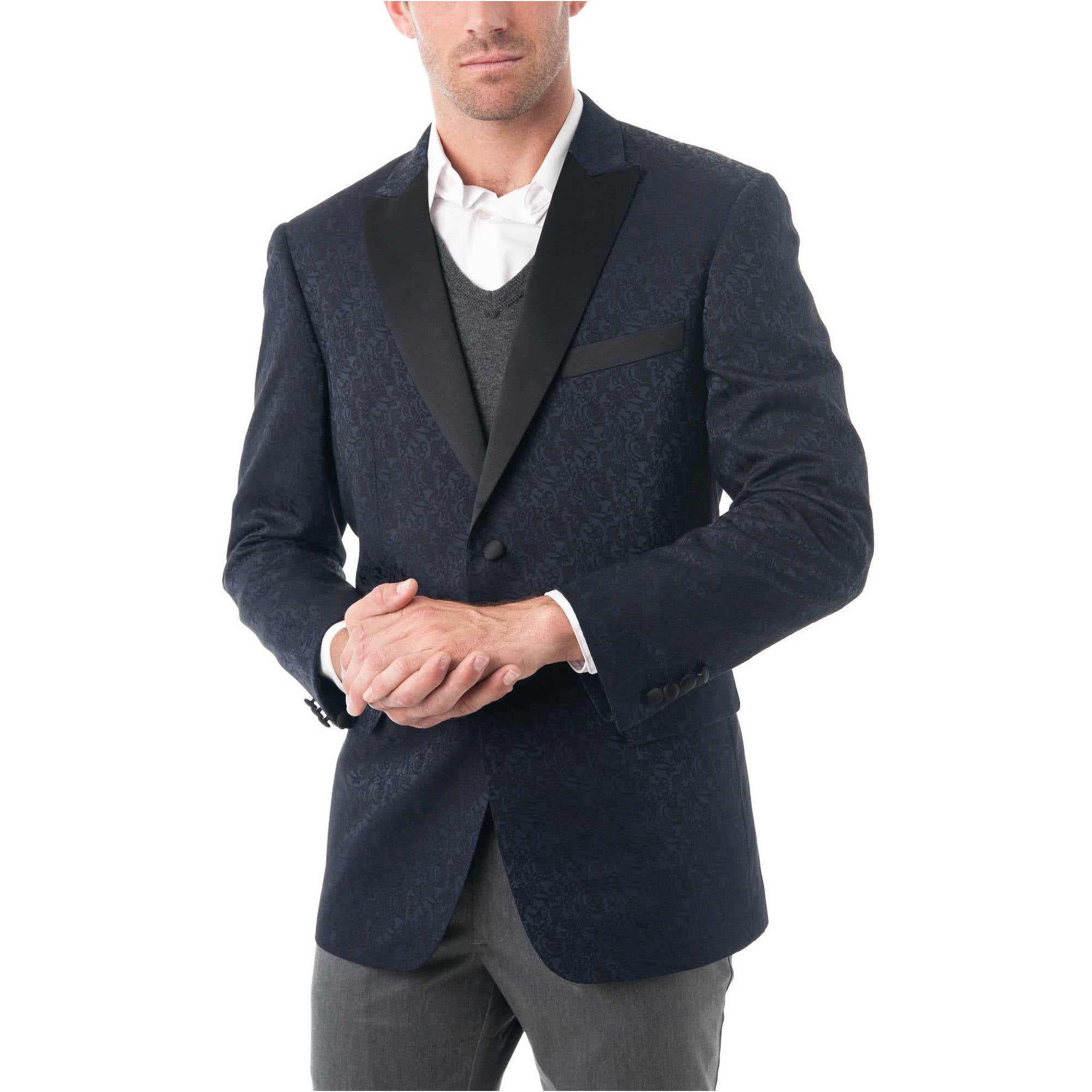Men's Navy Blue Textured Tuxedo Jacket with Satin Peak Lapel