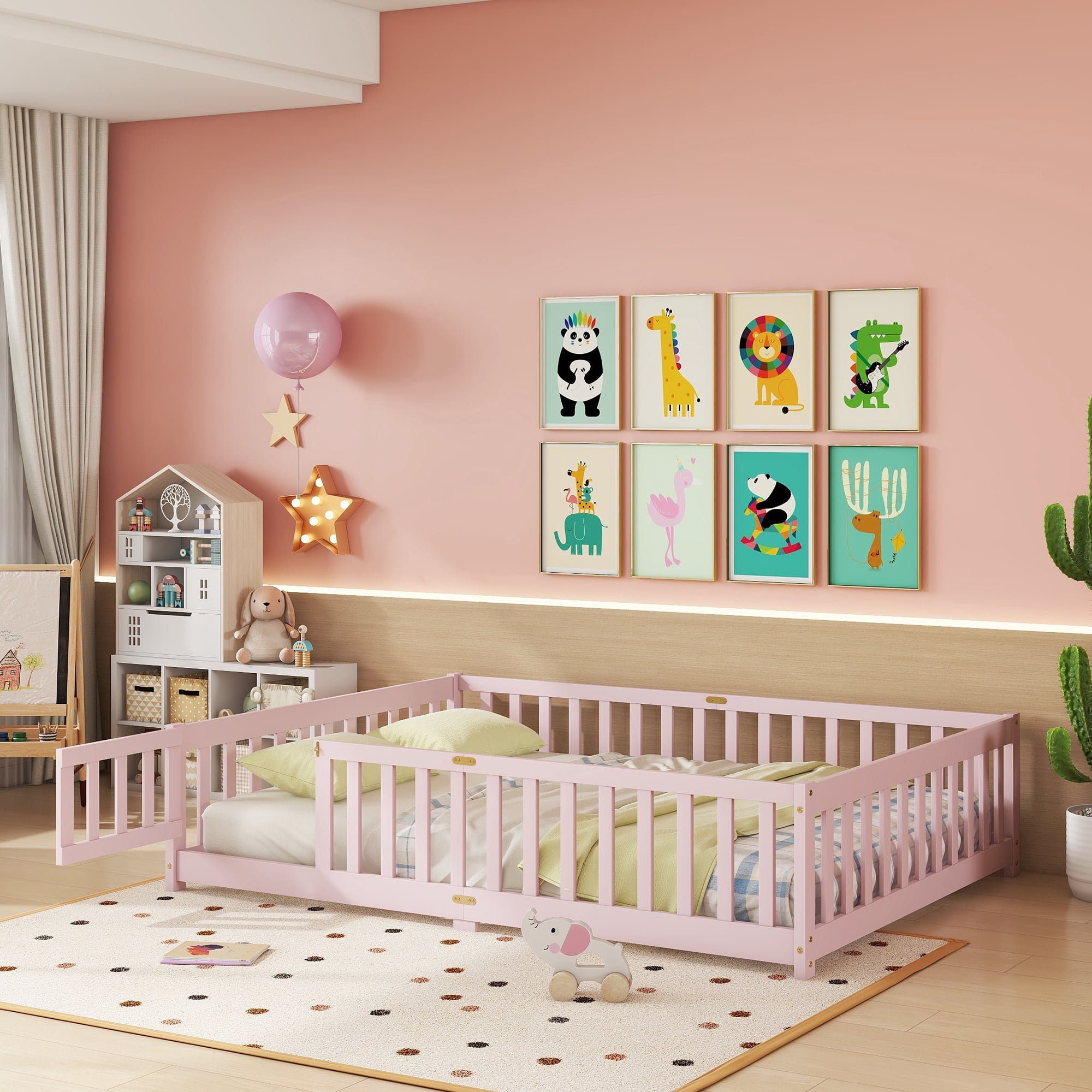 Alvantor Full Size Montessori Floor Bed for Kids with Door and Fence, Rubber Wood Toddler Platform Bed Frame, No Box Spring Needed, Pink