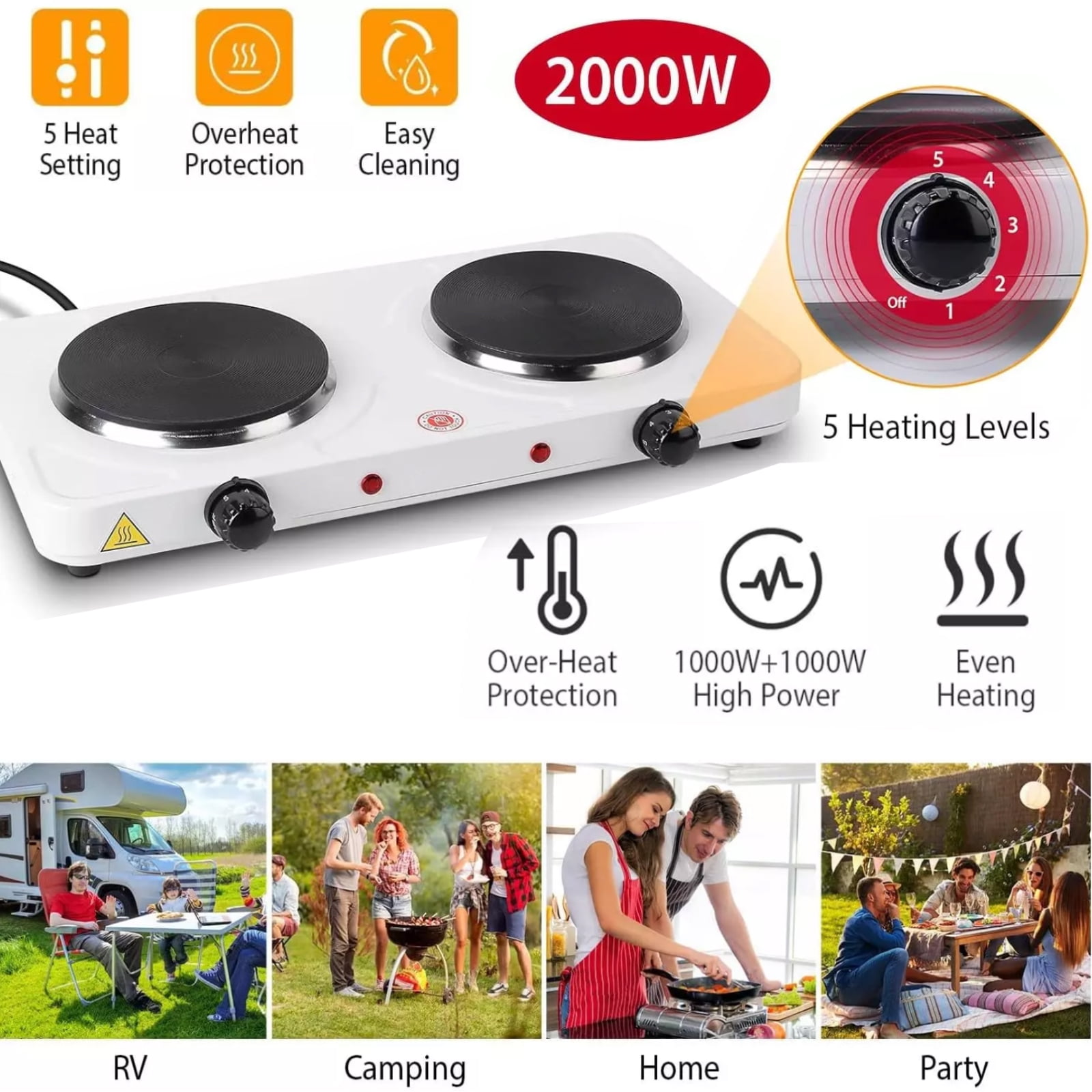 Wallfire 2000W Electric Double Burners Portable Coil Heating Hot Plate Stove with 5 Level Temperature Control Non Slip Rubber Feet for Home Dorm Camping White