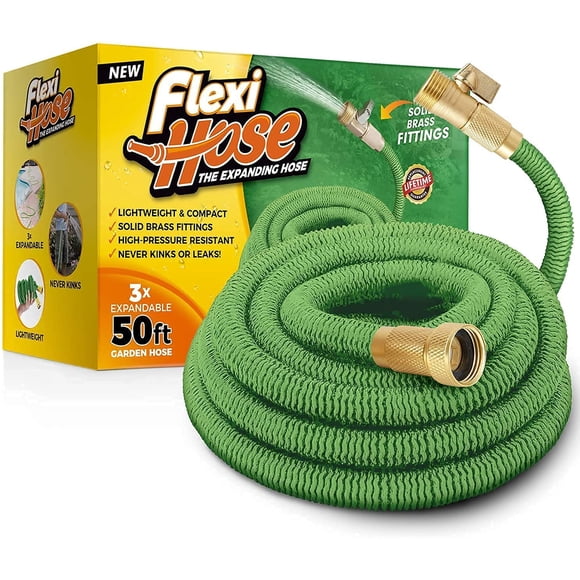 Flexi Hose Boyau d'Arrosage Léger et Extensible, Flexibilité Sans Pli, Raccords en Laiton Massif de 3/4 Po et Double Noyau en Latex (50 Pi, Vert)