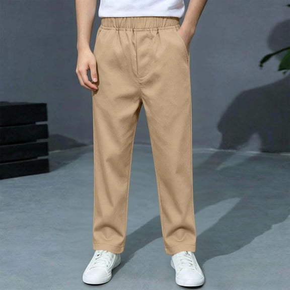 Boys' Casual Pull-On Pants with Elastic Waistband and Side Pockets Lightweight Loose Fit Breathable Trousers for School Uniform Outdoor Hiking Everyday Wear