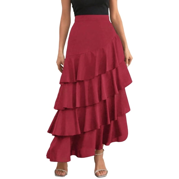 JGGSPWM Women's Fashion Elegant Irregular Ruffle Hem Skirt Party Tiered Layered Maxi Long Skirt Red M
