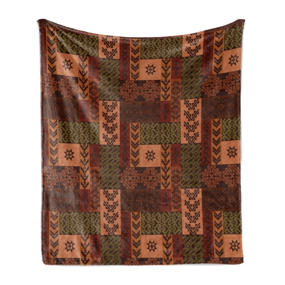 Geometric Soft Flannel Fleece Throw Blanket, Style Geometric Folk Design Geometric Floral Motifs Print, Cozy Plush for Indoor and Outdoor Use, 70" x 90", Pink Green and Brown, by Ambesonne
