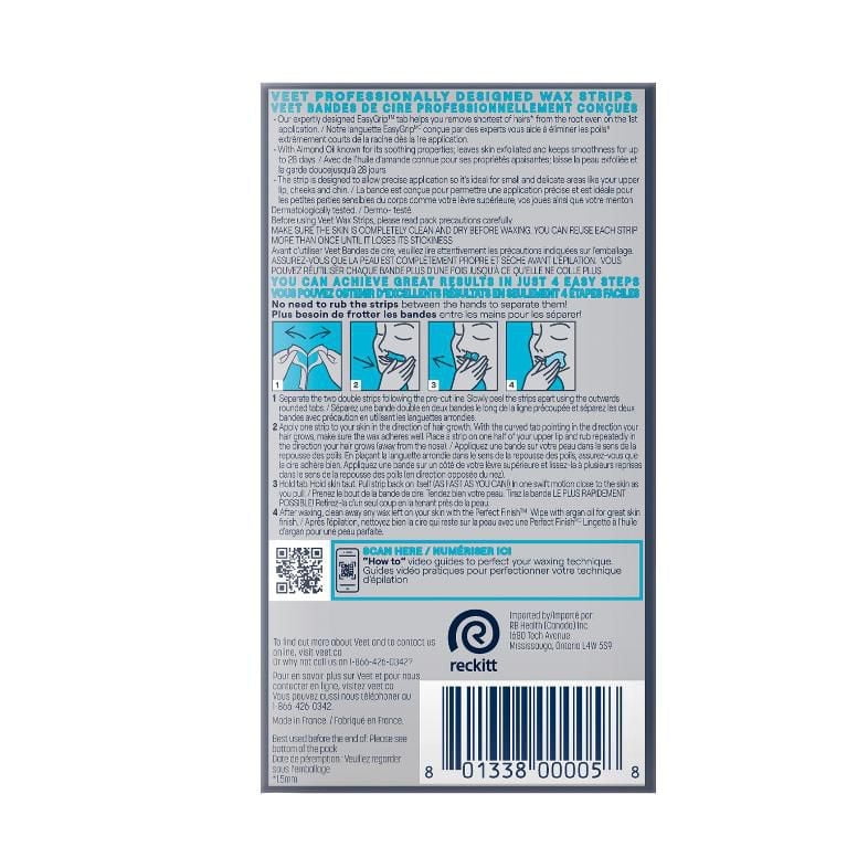 VEET® Professional™ Bandes de Cire pour le Visage, Peau Sensible, avec Huile d’Amande, 12 unités + 2 Lingettes 12/cs + 2 lingettes