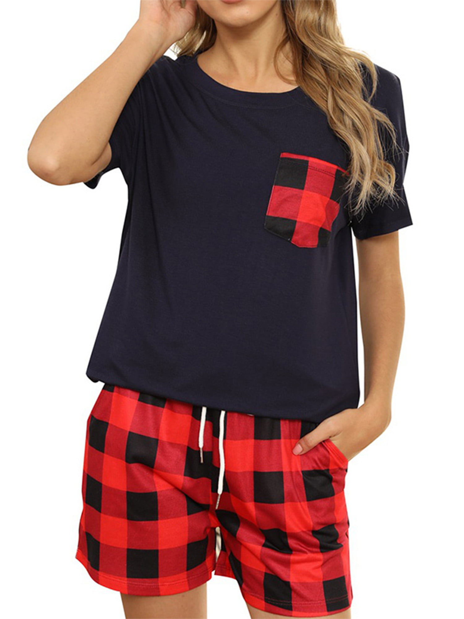 Sleepwear For Women's Pocket Shorts + Tops Pajama Set Short Sleeve ...