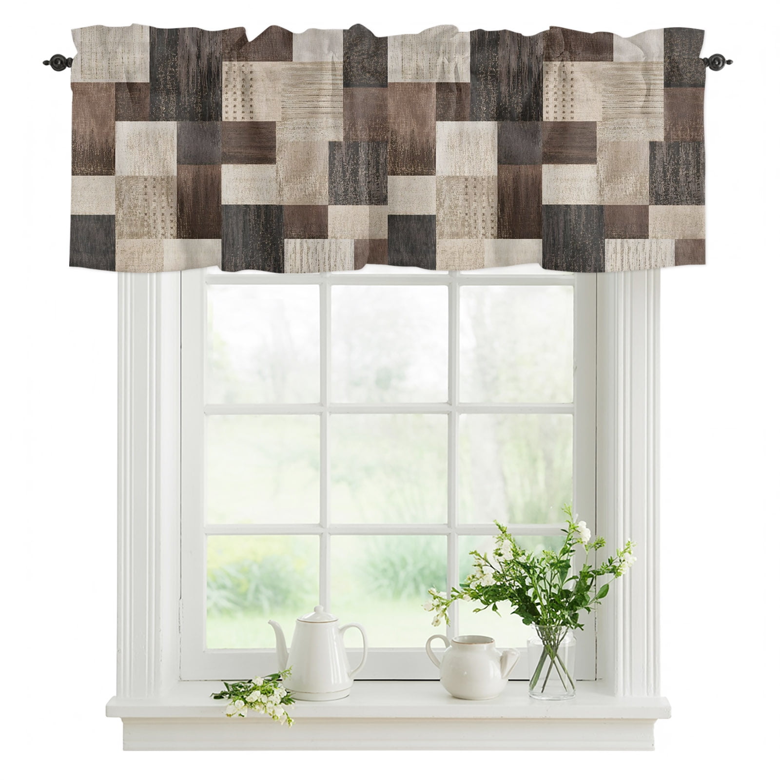 Brown Block Valances for Windows Micro Knit Mosaic Tiles Charcoal Plaid Industrial Valance Rod Pocket Window Treatments Curtains for Kitchen Small Windows Living Room Bedroom Bathroom 60 x18