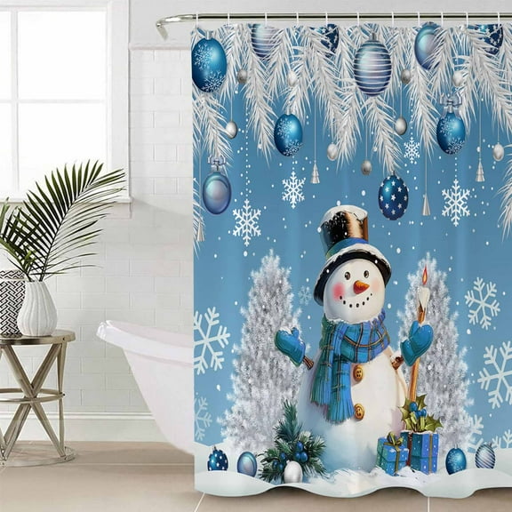 Blue Snowman Christmas Waterproof Fabric Shower Curtain, Xmas Tree Balls Snowflake Shower Curtain for Bathroom Curtains Bathtubs Hotel Washable Shower Curtains with 12 Hooks Small 36x72in