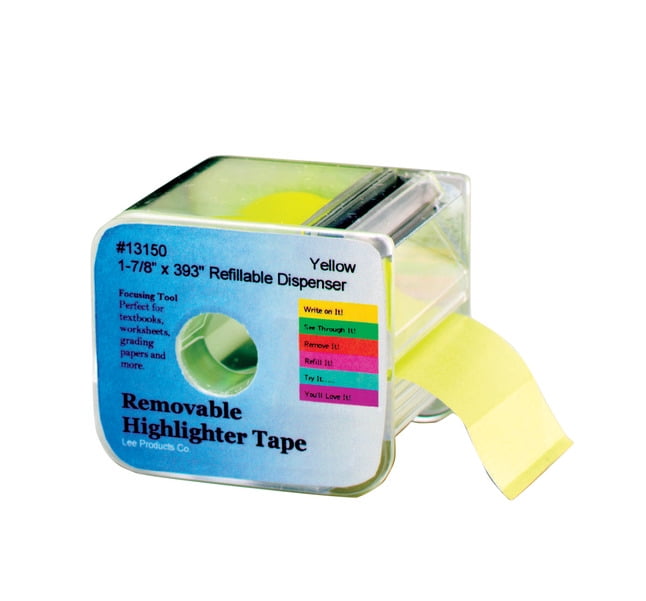 Lee Removable Wide Highlighter Note Tape with Dispenser, 1-7/8 X 393 in, Yellow