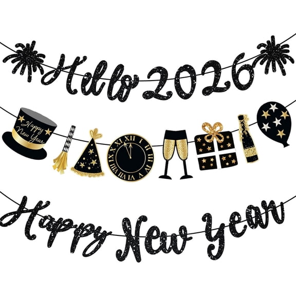 Happy New Year Banner for 2026 NYE Decorations Black Gold Bunting for New Year Eve Party Supplies Set 1