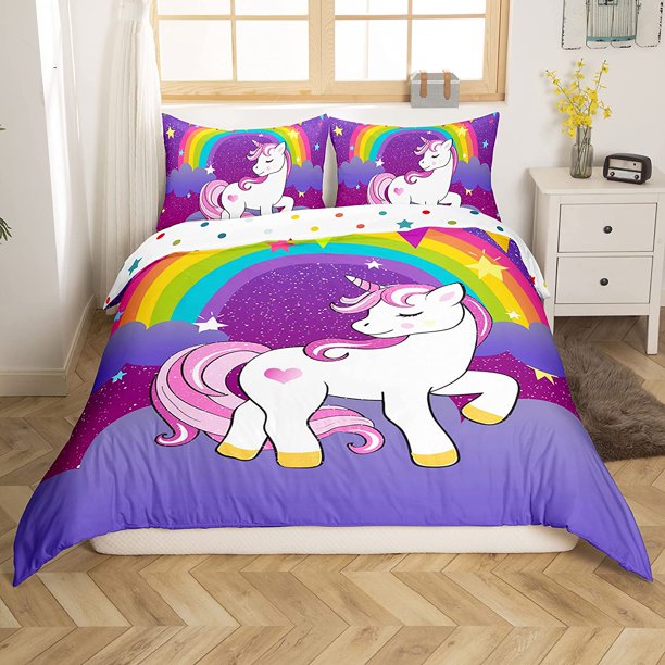 Girls Unicorn Duvet Cover Twin Girls Bedding Set Cute Rainbow Unicorn