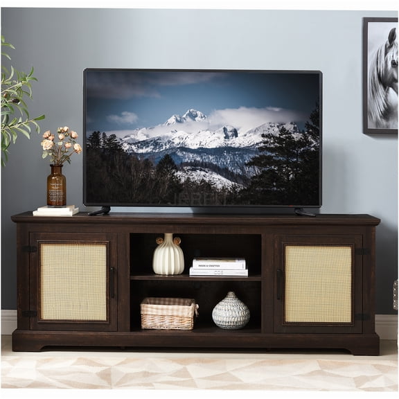 JERFIT 70 inch TV Stand Console Table with Rattan Doors, Farmhouse Entertainment Center with Storage Cabinets & Shelves for Living Room, Espresso
