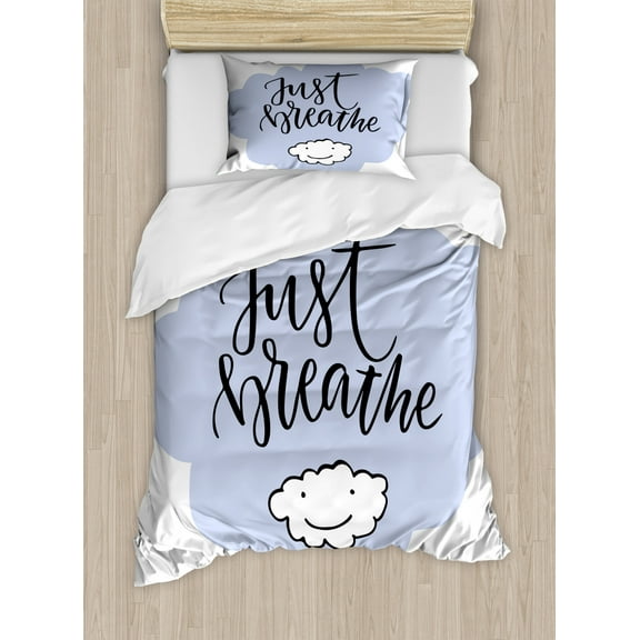 Just Breathe Twin Size Duvet Cover Set, Calligraphic Motivation Quote with a Hand Drawn Cloud Wellness Lifestyle, Decorative 2 Piece Bedding Set with 1 Pillow Sham, Pale Blue White, by Ambesonne