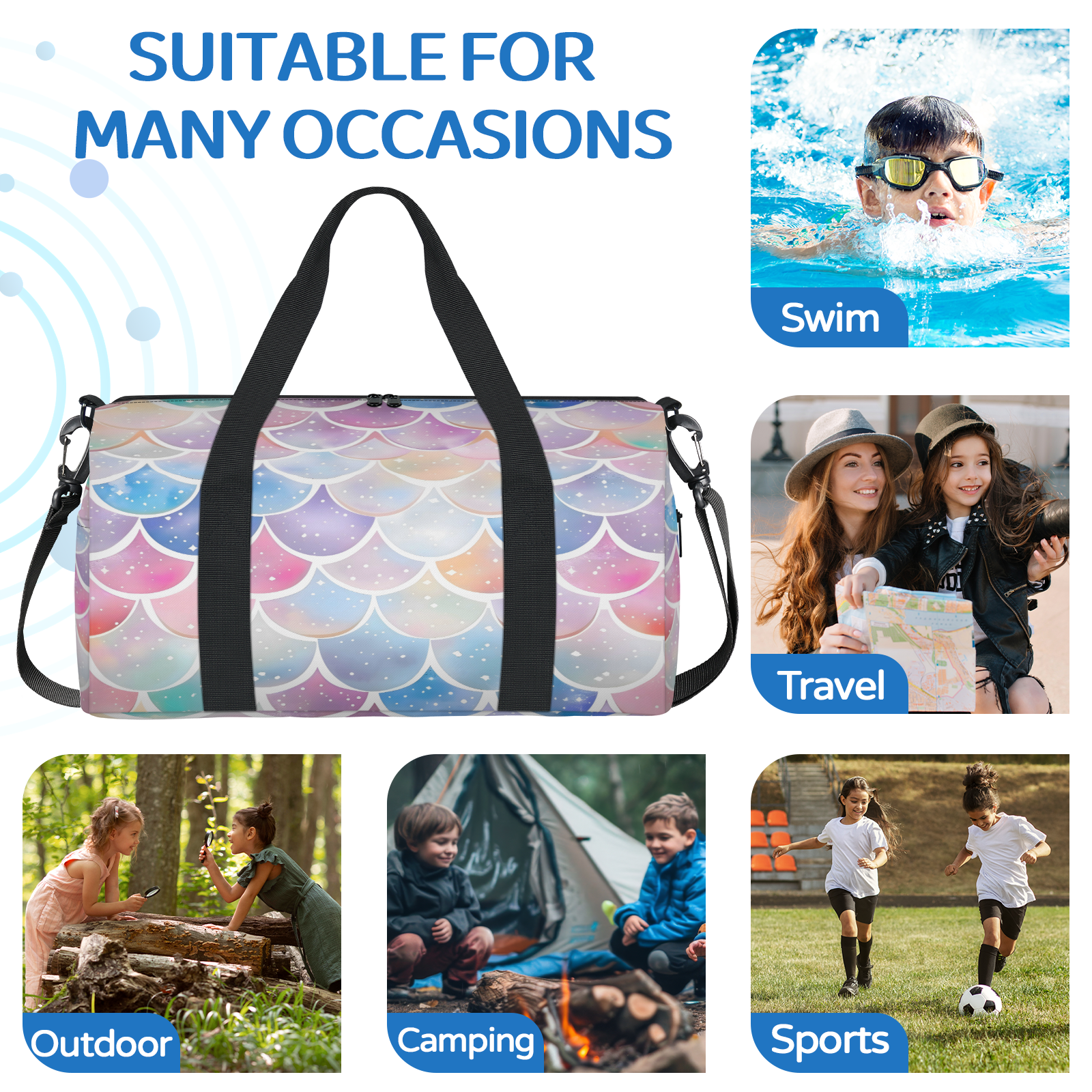 Herdesigns Rainbow Fish Scale Mermaid Gym Bag for Women, Duffle Bag for Travel Sport, Lightweight Waterproof Carry on Weekender Overnight Dance Yoga Workout Bags