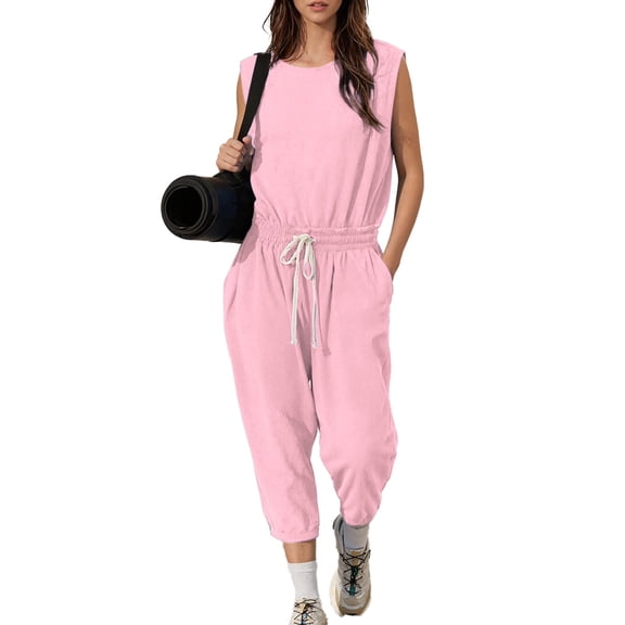 Czanzd Women's Backless Athletic Jumpsuit Wide Leg Sleeveless Romper with Pockets,Pink,S