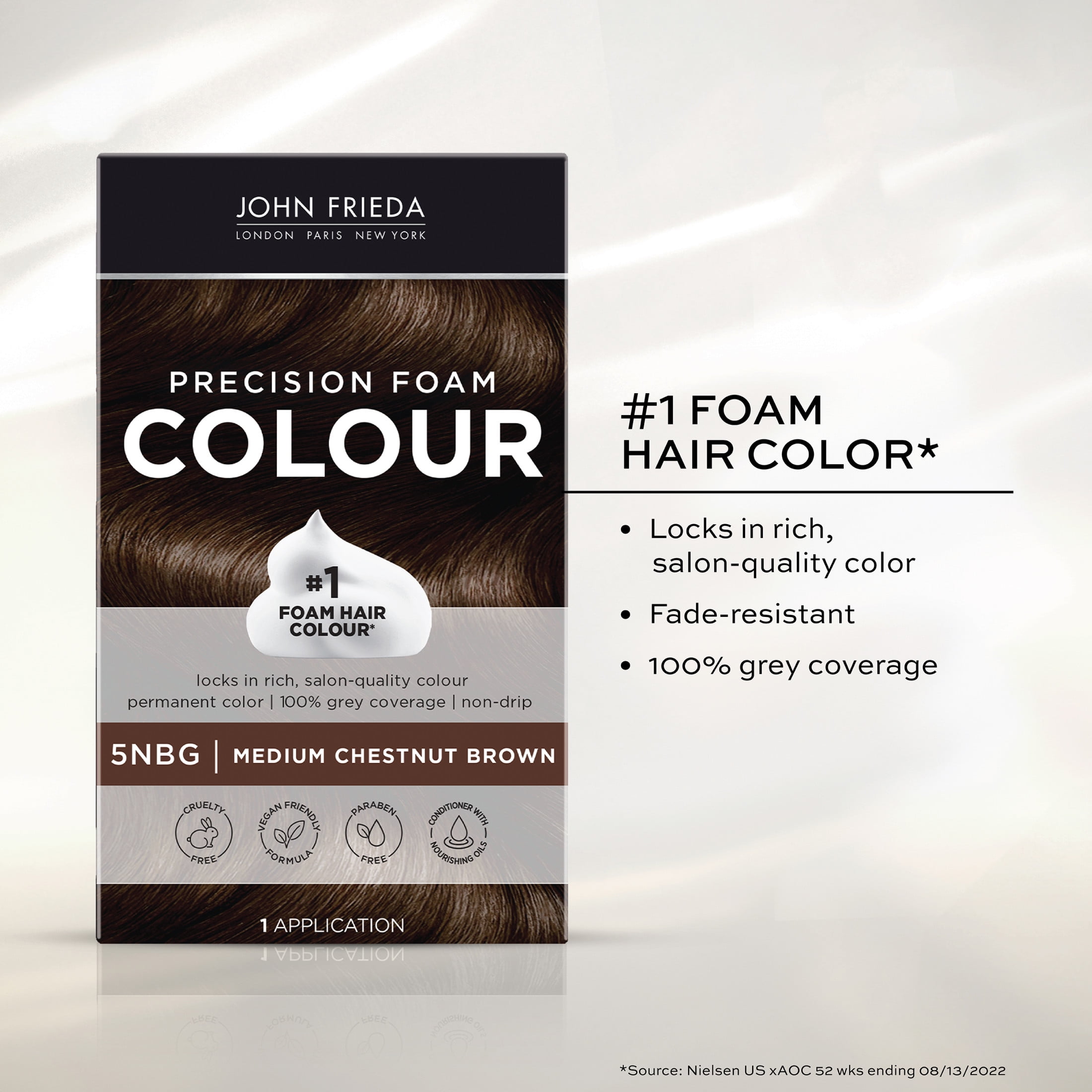 John Frieda Brown Permanent Precision Hair Dye Color Foam Kit, 5NBG Medium Chestnut Brown , 1 Application