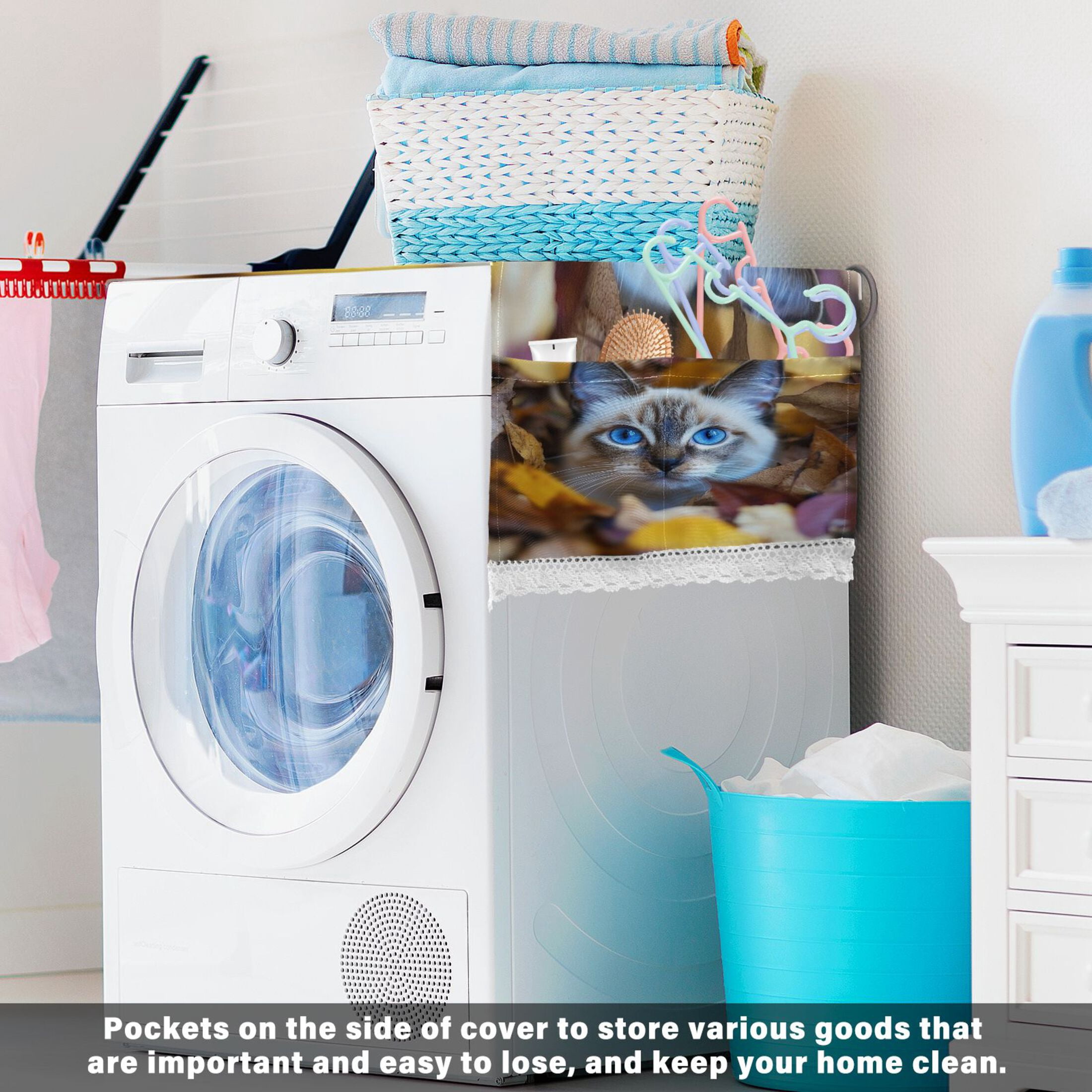 Blue Eyes CatWasher and Dryer Covers Dust-Proof and Oil Resistant Fridge Cover with 4 Storage Pockets Washing Machine Top Cover for Laundry Kitchen Home 51.2 x 22 In