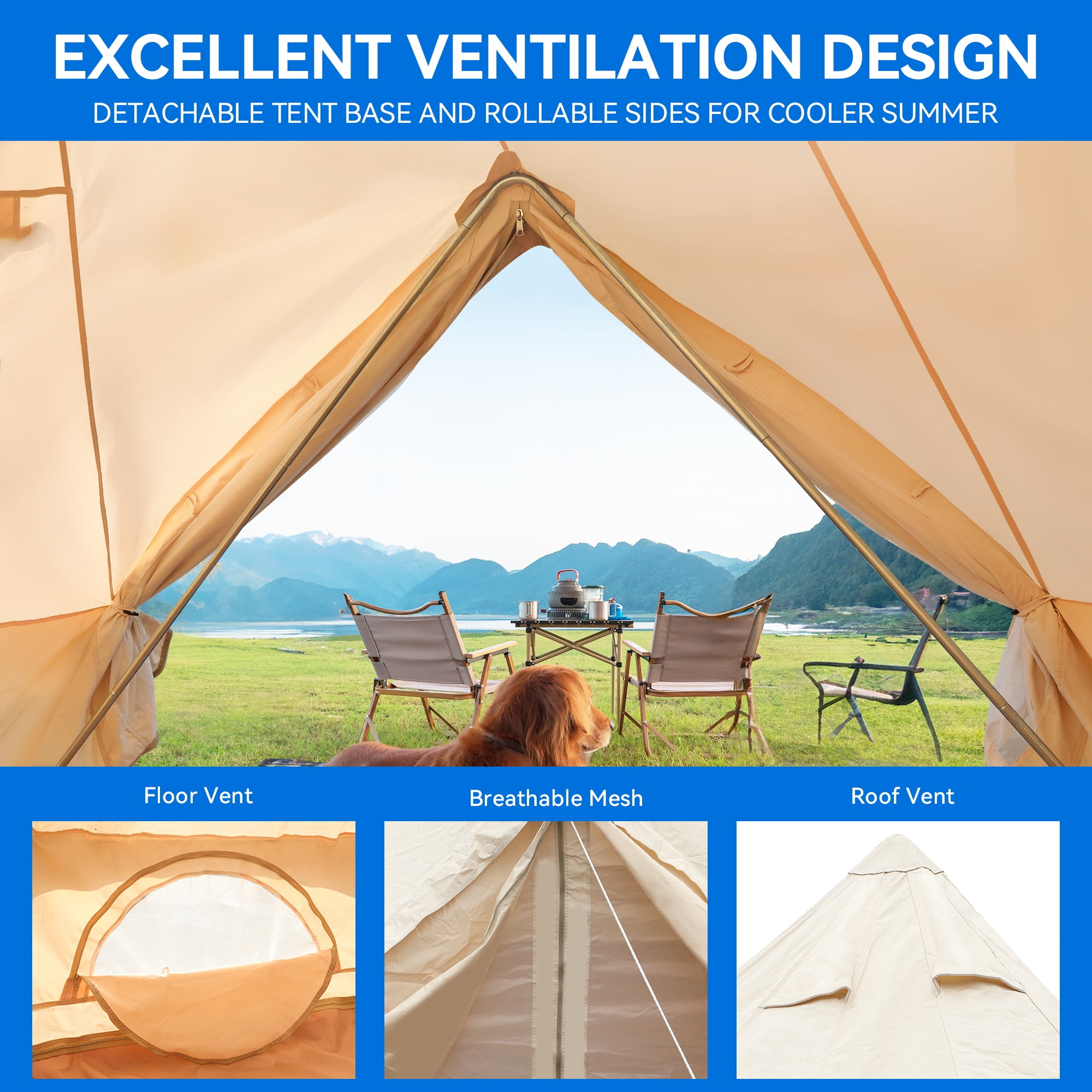 Dextrus 4 Seasons Glamping Bell Tent Waterproof with Stove Jacks & Windows for Camping, Picnic, Barbecue